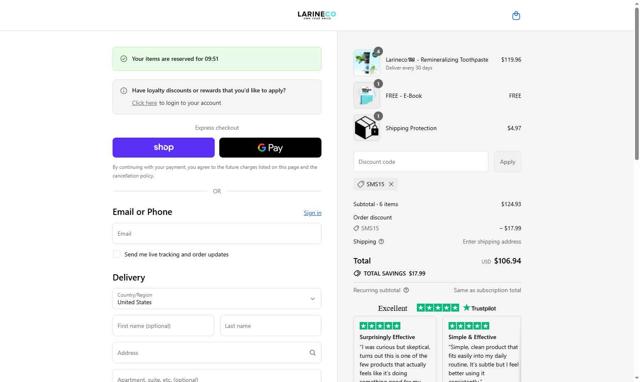 Larine checkout page showing Larine promo code box | Screenshot taken by SimplyCodes community member on Sep 12, 2025