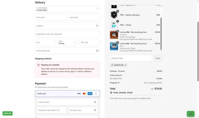 Larine checkout page showing Larine promo code box | Screenshot taken by SimplyCodes community member on Sep 11, 2025