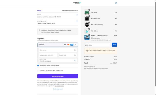 Larine checkout page showing Larine promo code box | Screenshot taken by SimplyCodes community member on Sep 11, 2025