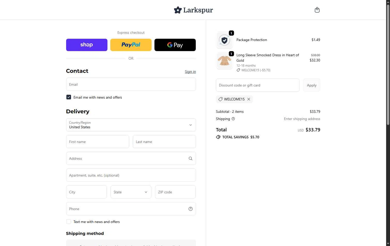 Larkspur Baby checkout page showing Larkspur Baby discount code box | Screenshot taken by SimplyCodes community member on Feb 13, 2026