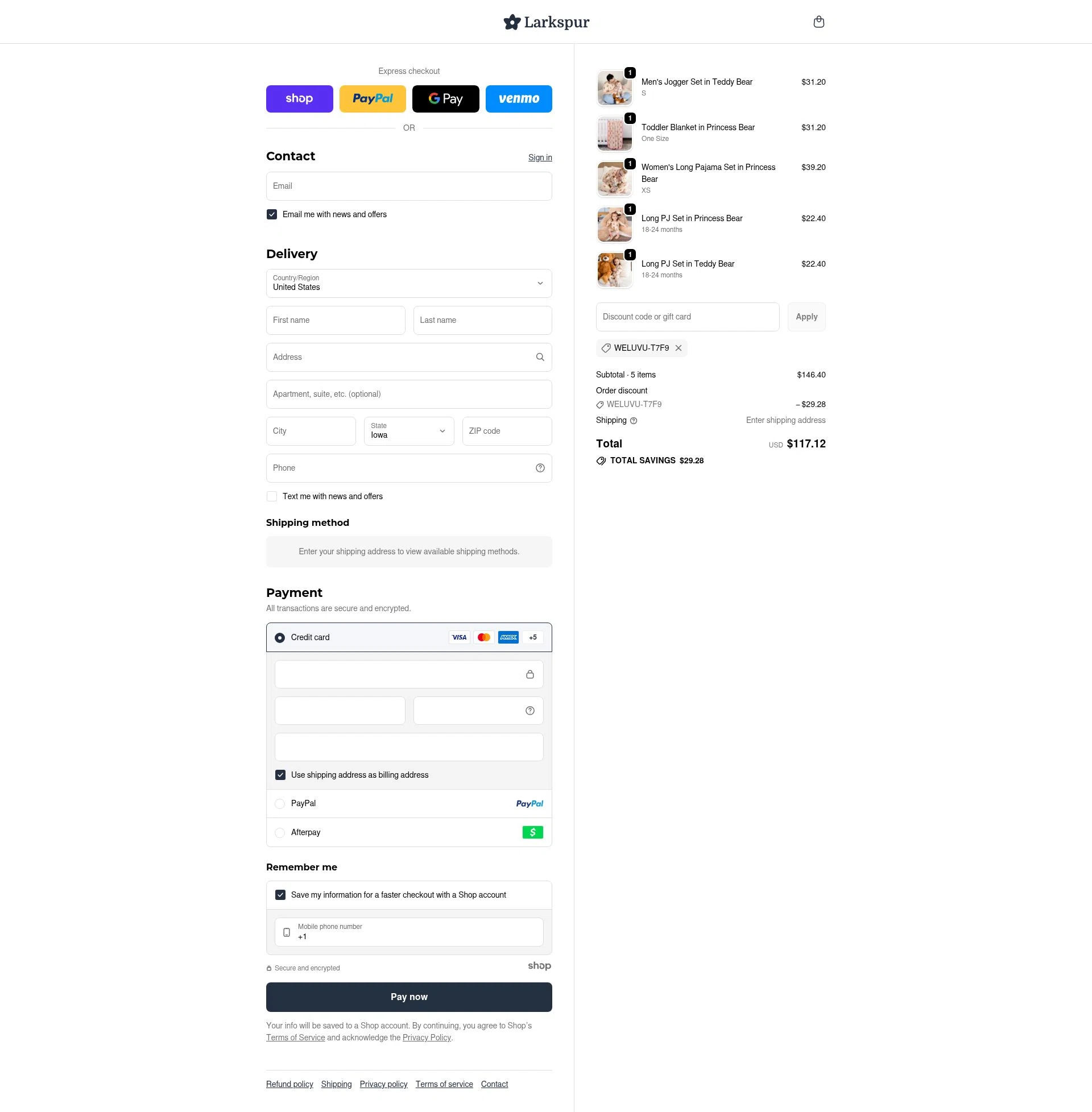 Larkspur Baby checkout page showing Larkspur Baby discount code box | Screenshot taken by SimplyCodes community member on Nov 18, 2025