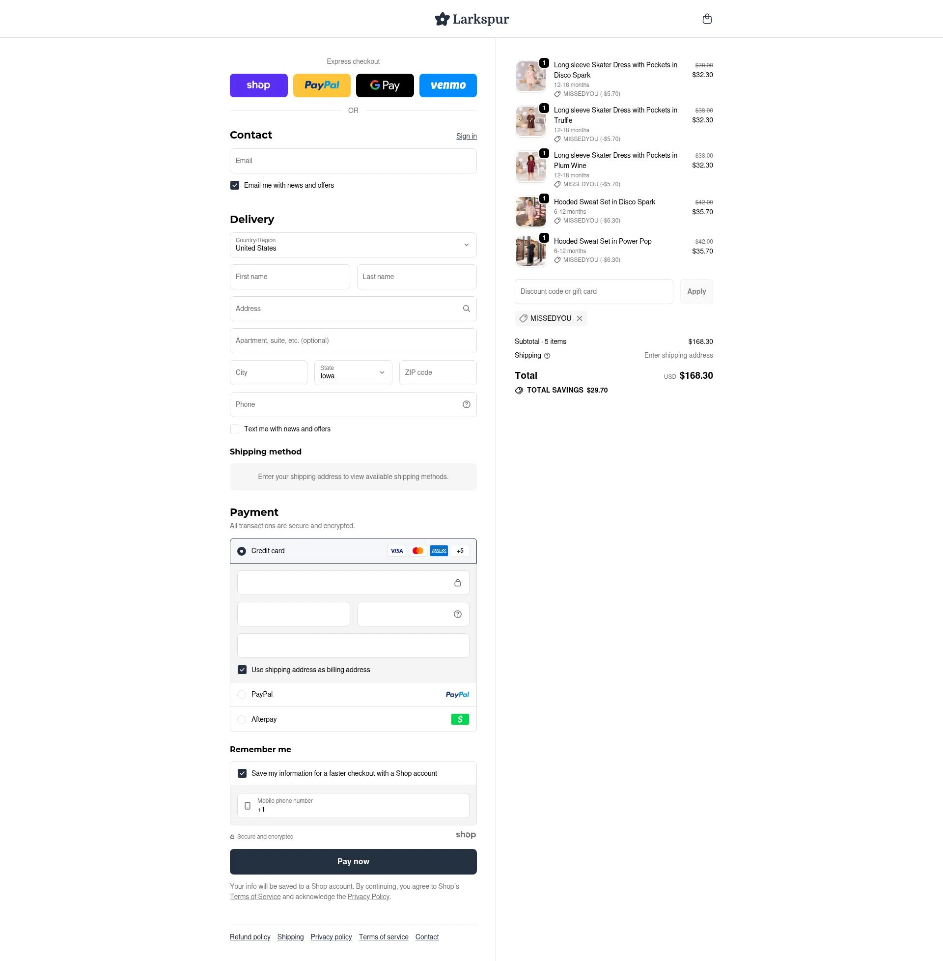 Larkspur Baby checkout page showing Larkspur Baby discount code box | Screenshot taken by SimplyCodes community member on Nov 23, 2025