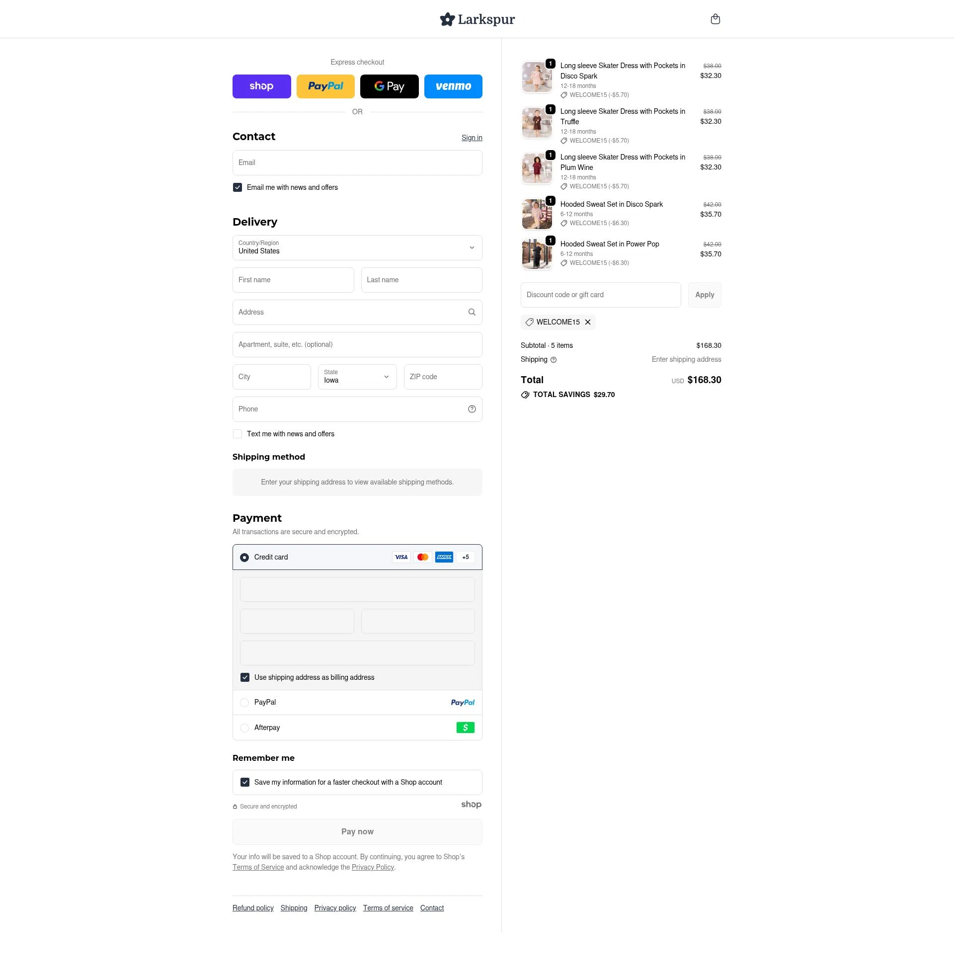 Larkspur Baby checkout page showing Larkspur Baby discount code box | Screenshot taken by SimplyCodes community member on Nov 23, 2025