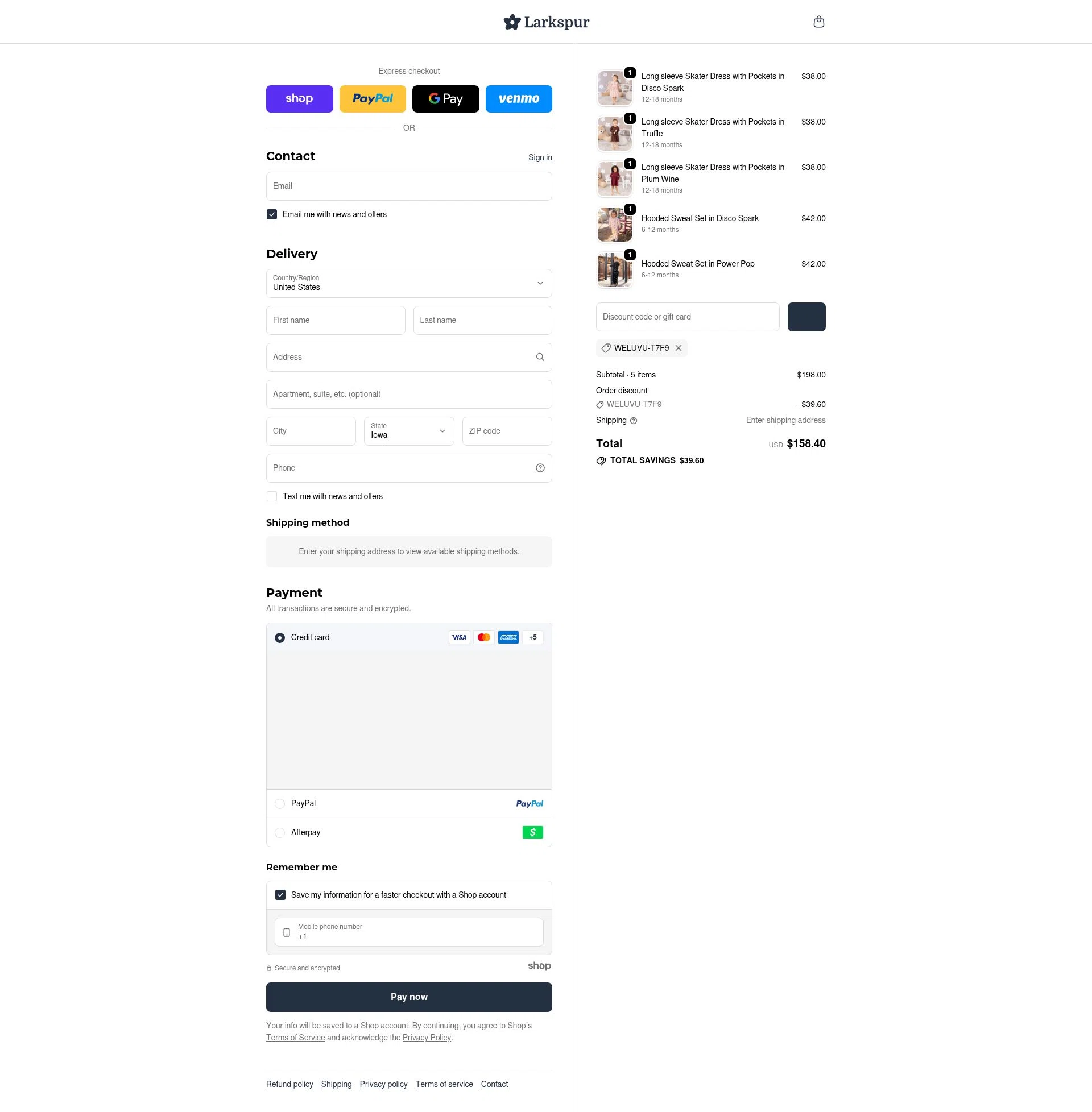 Larkspur Baby checkout page showing Larkspur Baby discount code box | Screenshot taken by SimplyCodes community member on Nov 23, 2025