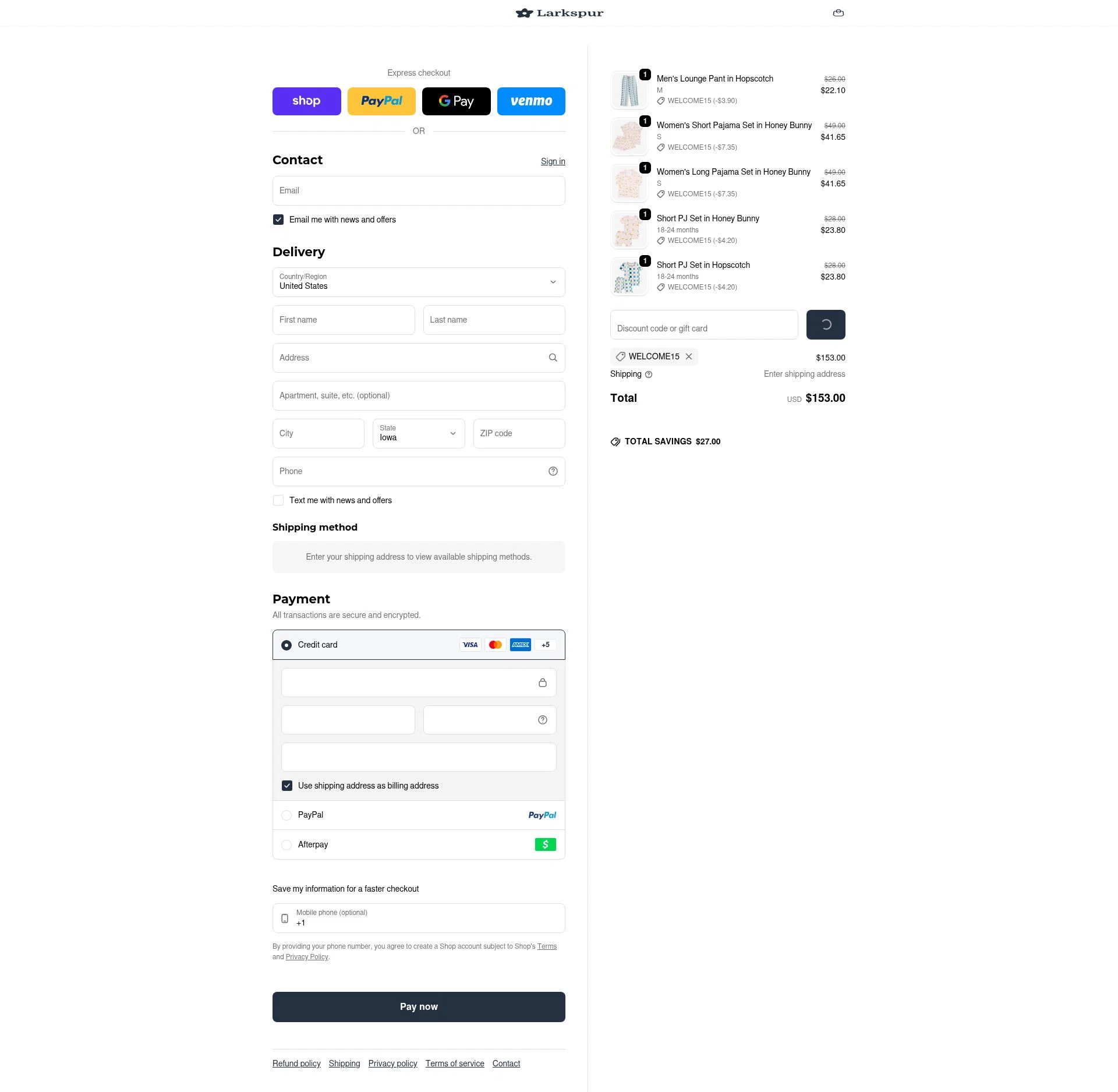 Larkspur Baby checkout page showing Larkspur Baby discount code box | Screenshot taken by SimplyCodes community member on Feb 8, 2026