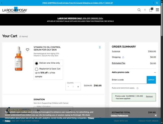 La Roche-Posay checkout page showing La Roche-Posay promo code box | Screenshot taken by SimplyCodes community member on Sep 1, 2025
