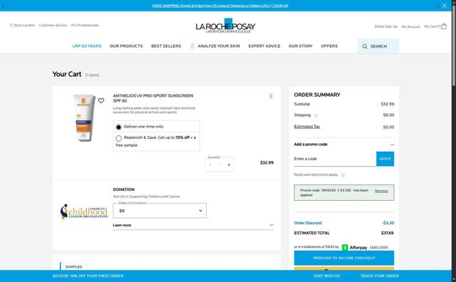 La Roche-Posay checkout page showing La Roche-Posay promo code box | Screenshot taken by SimplyCodes community member on Aug 25, 2025