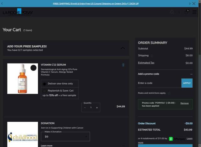 La Roche-Posay checkout page showing La Roche-Posay promo code box | Screenshot taken by SimplyCodes community member on Sep 10, 2025