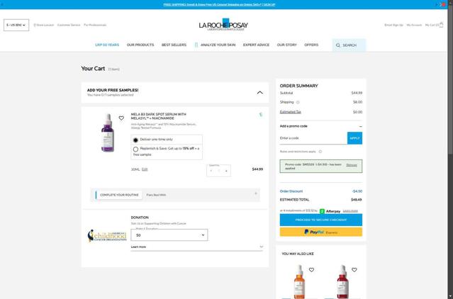 La Roche-Posay checkout page showing La Roche-Posay promo code box | Screenshot taken by SimplyCodes community member on Sep 16, 2025