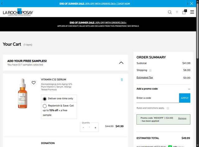 La Roche-Posay checkout page showing La Roche-Posay promo code box | Screenshot taken by SimplyCodes community member on Sep 12, 2025