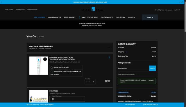 La Roche-Posay checkout page showing La Roche-Posay promo code box | Screenshot taken by SimplyCodes community member on Sep 5, 2025