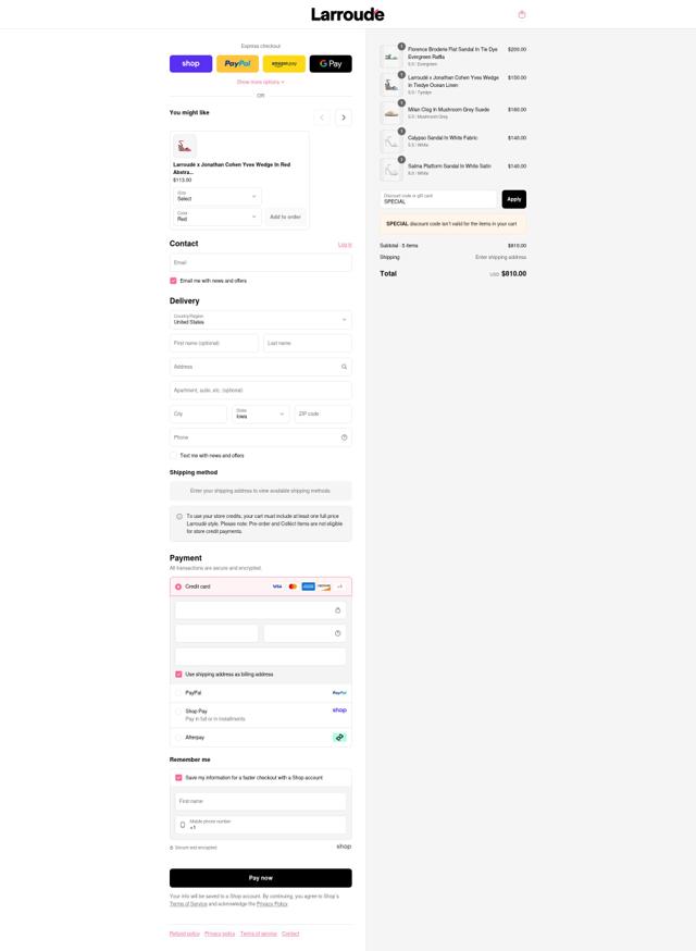 Larroude checkout page showing Larroude discount code box | Screenshot taken by SimplyCodes community member on Sep 8, 2025