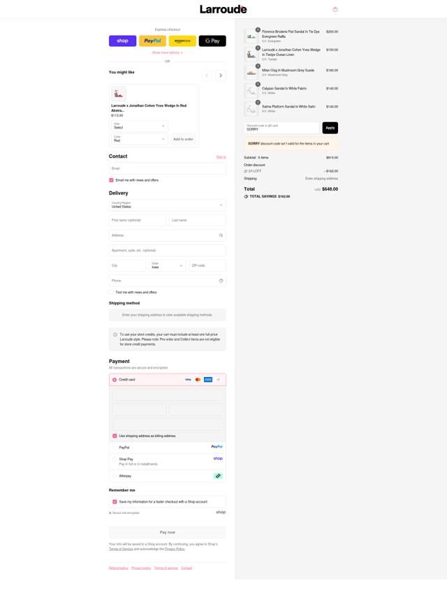 Larroude checkout page showing Larroude discount code box | Screenshot taken by SimplyCodes community member on Sep 12, 2025