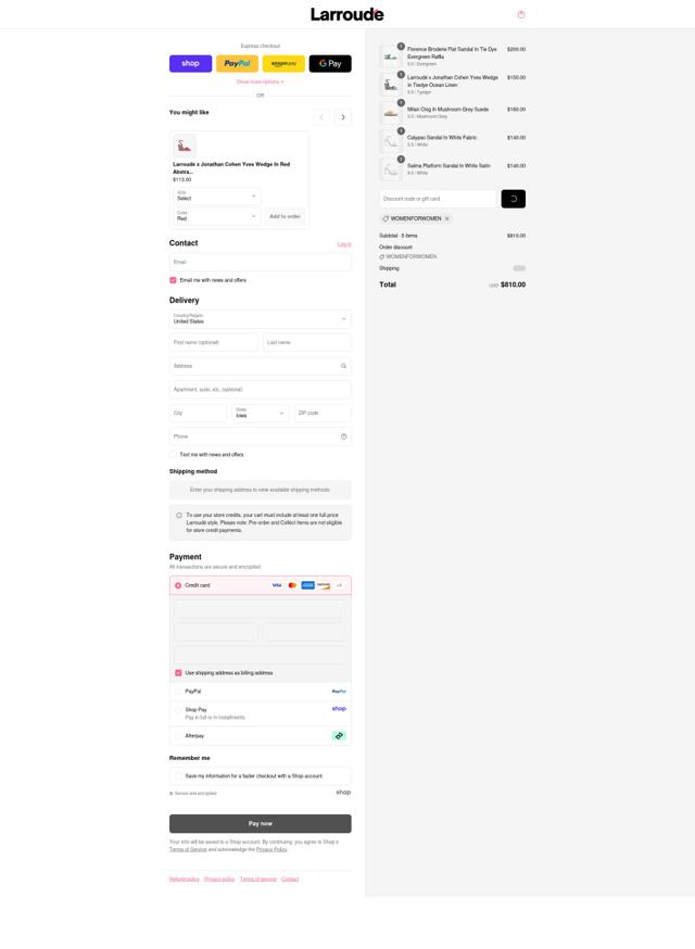 Larroude checkout page showing Larroude discount code box | Screenshot taken by SimplyCodes community member on Sep 8, 2025