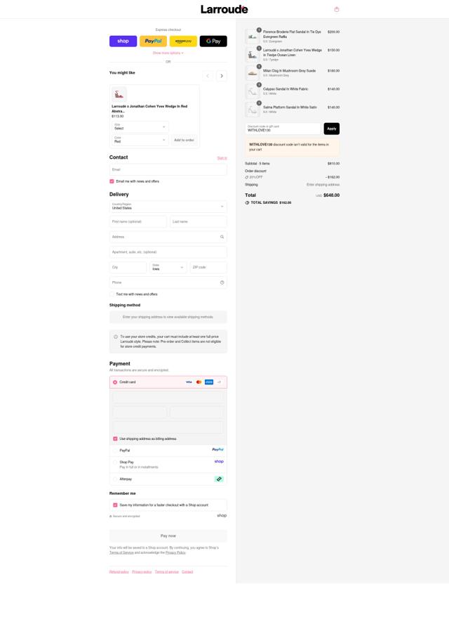 Larroude checkout page showing Larroude discount code box | Screenshot taken by SimplyCodes community member on Sep 12, 2025