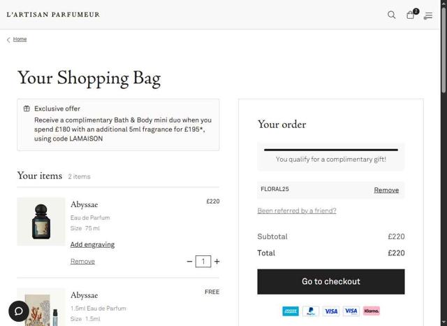 L'Artisan Parfumeur checkout page showing L'Artisan Parfumeur promo code box | Screenshot taken by SimplyCodes community member on Sep 8, 2025