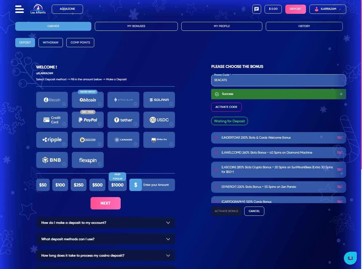 Las Atlantis Casino checkout page showing Las Atlantis Casino promo code box | Screenshot taken by SimplyCodes community member on Dec 2, 2025