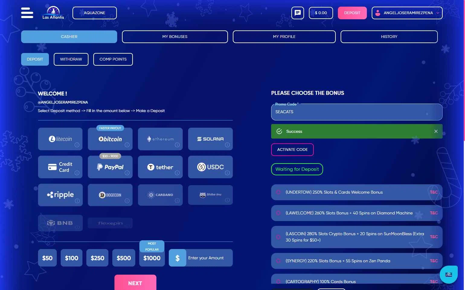 Las Atlantis Casino checkout page showing Las Atlantis Casino promo code box | Screenshot taken by SimplyCodes community member on Dec 31, 2025
