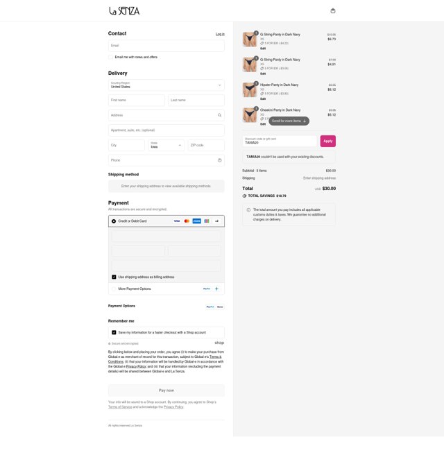 La Senza checkout page showing La Senza promo code box | Screenshot taken by SimplyCodes community member on Jul 31, 2025