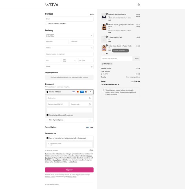 La Senza checkout page showing La Senza promo code box | Screenshot taken by SimplyCodes community member on Aug 30, 2025
