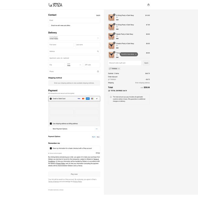 La Senza checkout page showing La Senza promo code box | Screenshot taken by SimplyCodes community member on Aug 9, 2025