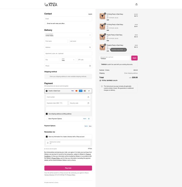 La Senza checkout page showing La Senza promo code box | Screenshot taken by SimplyCodes community member on Aug 5, 2025
