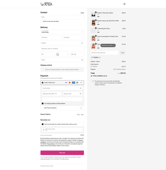La Senza checkout page showing La Senza promo code box | Screenshot taken by SimplyCodes community member on Aug 22, 2025
