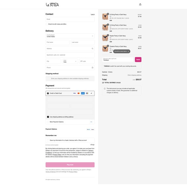 La Senza checkout page showing La Senza promo code box | Screenshot taken by SimplyCodes community member on Aug 13, 2025