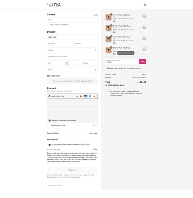 La Senza checkout page showing La Senza promo code box | Screenshot taken by SimplyCodes community member on Aug 17, 2025