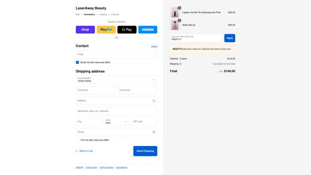 LaserAway checkout page showing LaserAway promo code box | Screenshot taken by SimplyCodes community member on Sep 4, 2025