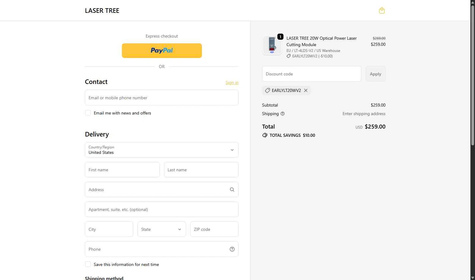 Lasertree checkout page showing Lasertree promo code box | Screenshot taken by SimplyCodes community member on Nov 20, 2025