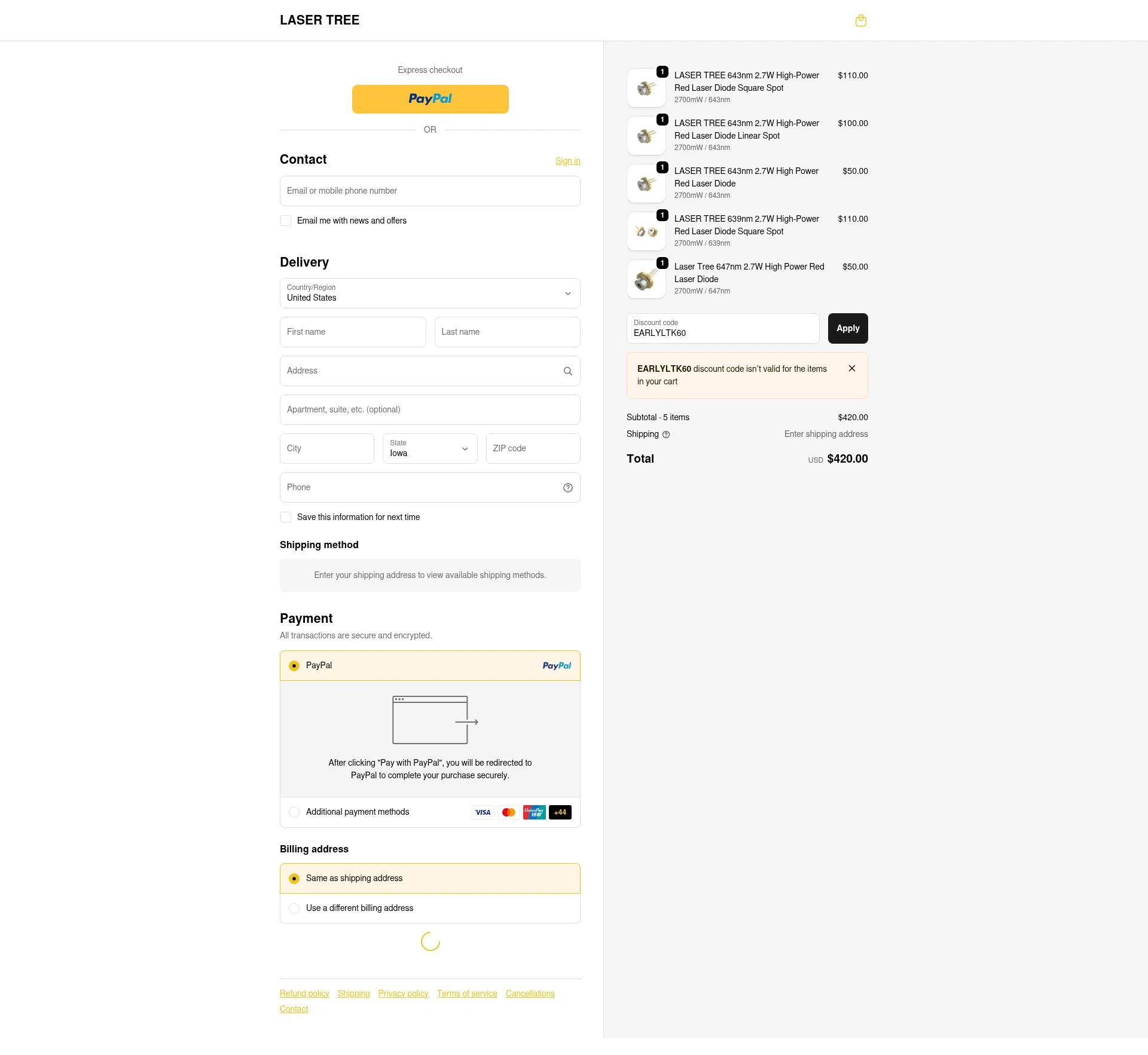 Lasertree checkout page showing Lasertree promo code box | Screenshot taken by SimplyCodes community member on Nov 20, 2025