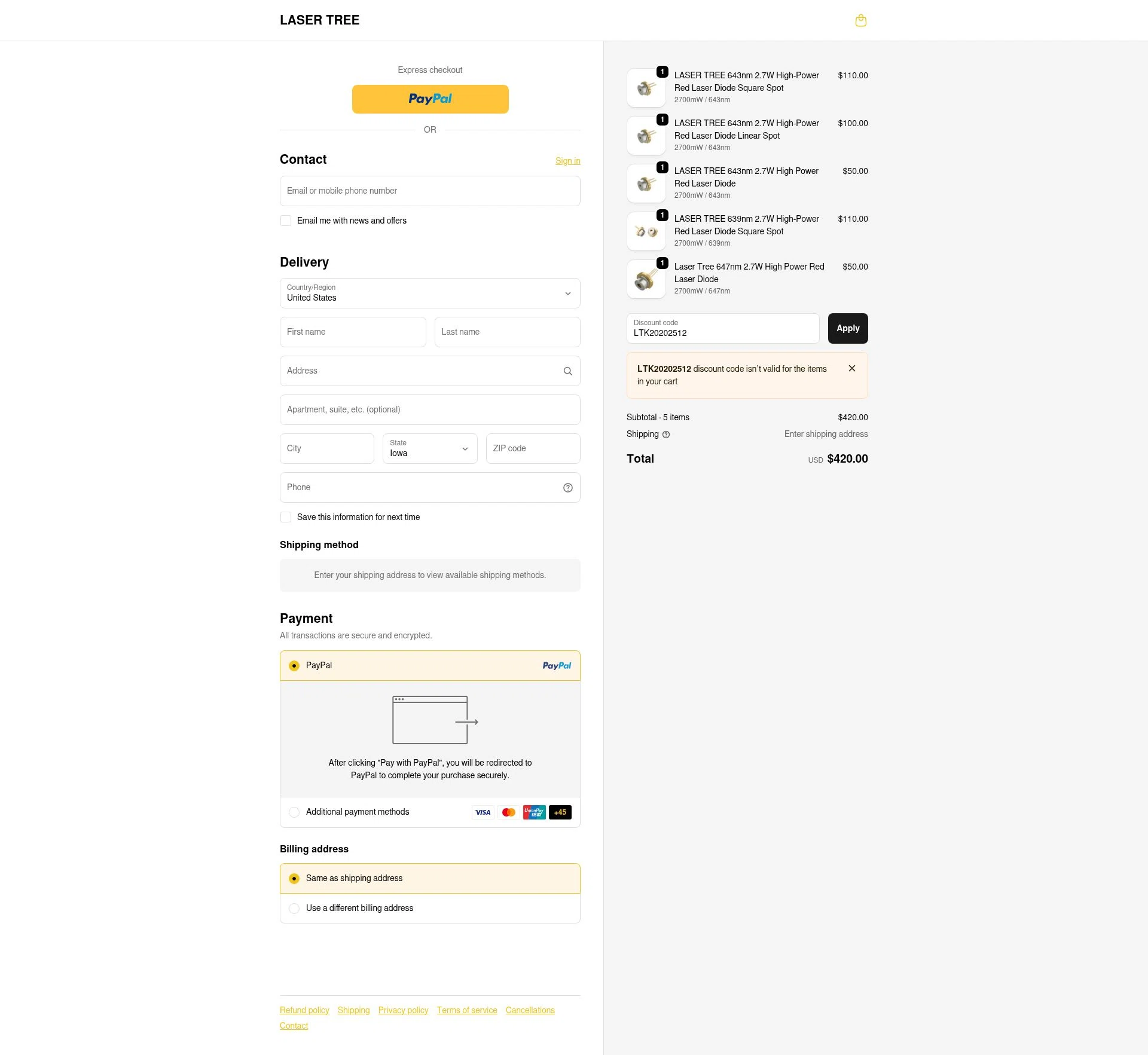 Lasertree checkout page showing Lasertree promo code box | Screenshot taken by SimplyCodes community member on Dec 11, 2025