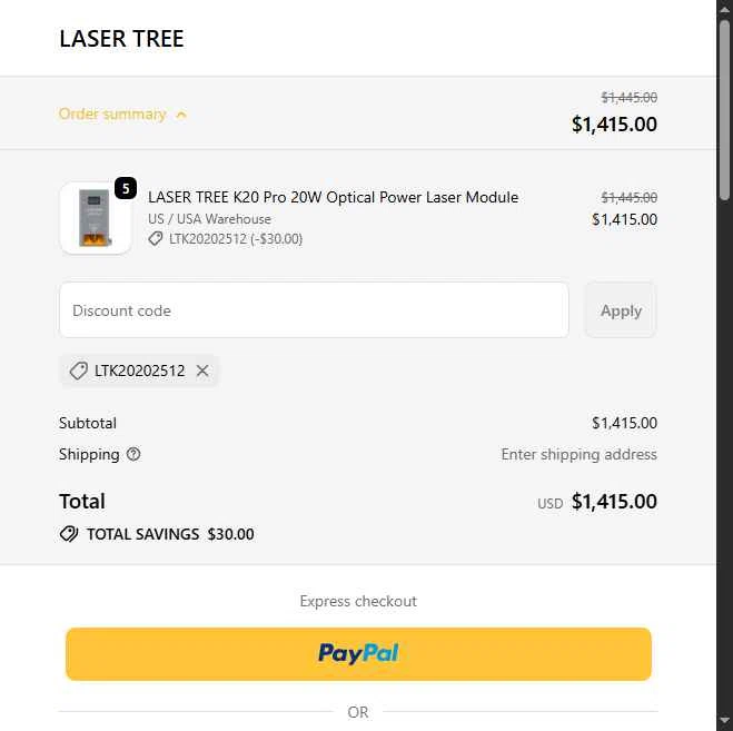 Lasertree checkout page showing Lasertree promo code box | Screenshot taken by SimplyCodes community member on Dec 5, 2025