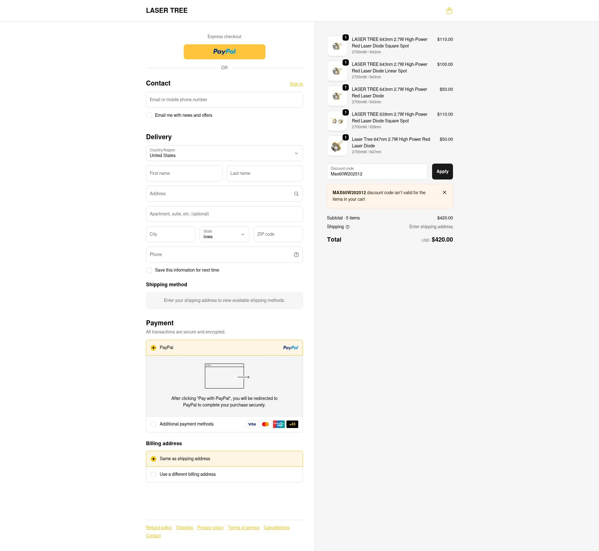 Lasertree checkout page showing Lasertree promo code box | Screenshot taken by SimplyCodes community member on Dec 11, 2025