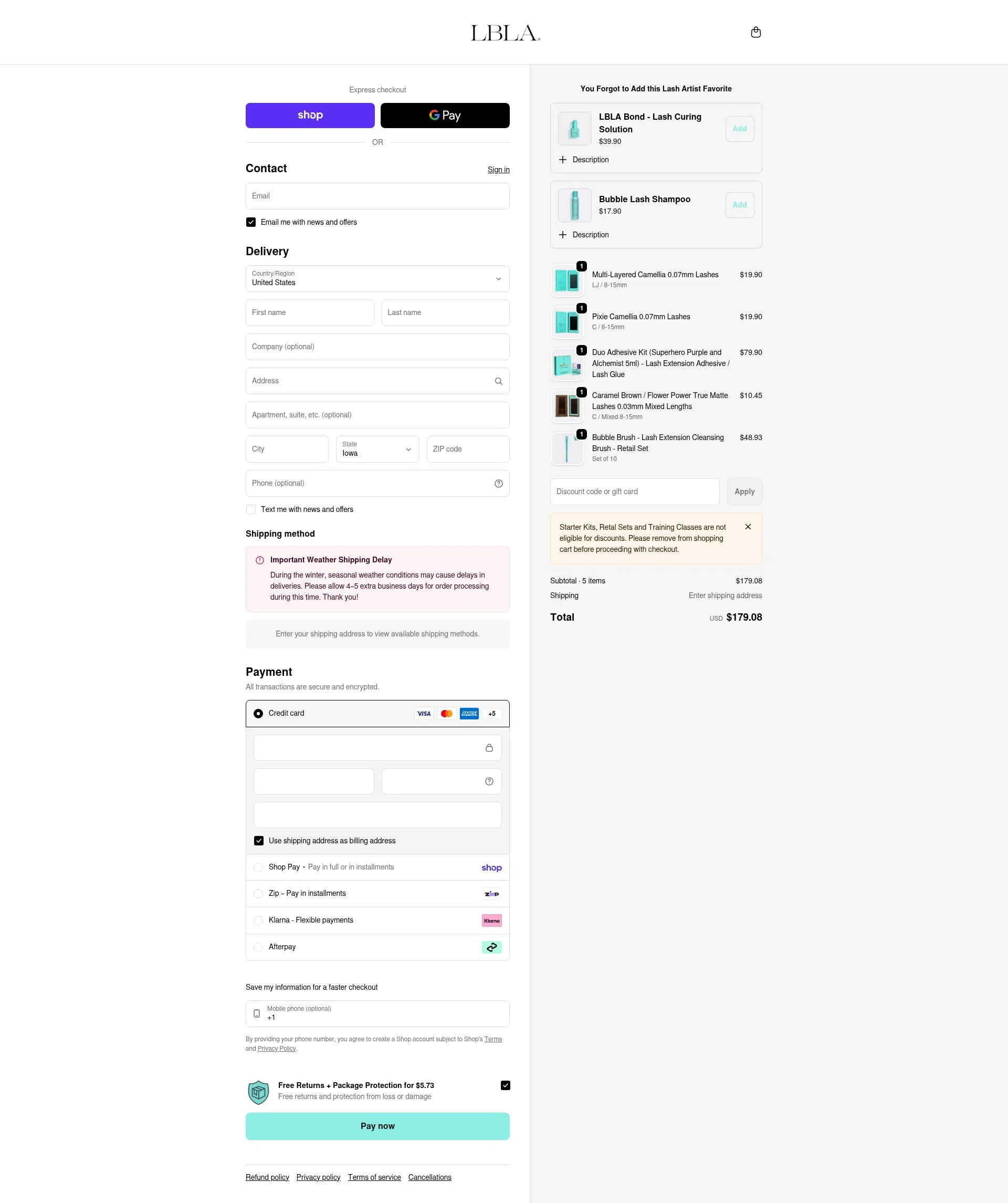 Lash Box LA checkout page showing Lash Box LA discount code box | Screenshot taken by SimplyCodes community member on Feb 6, 2026