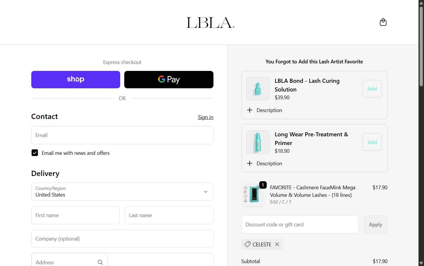 Lash Box LA checkout page showing Lash Box LA discount code box | Screenshot taken by SimplyCodes community member on Feb 7, 2026