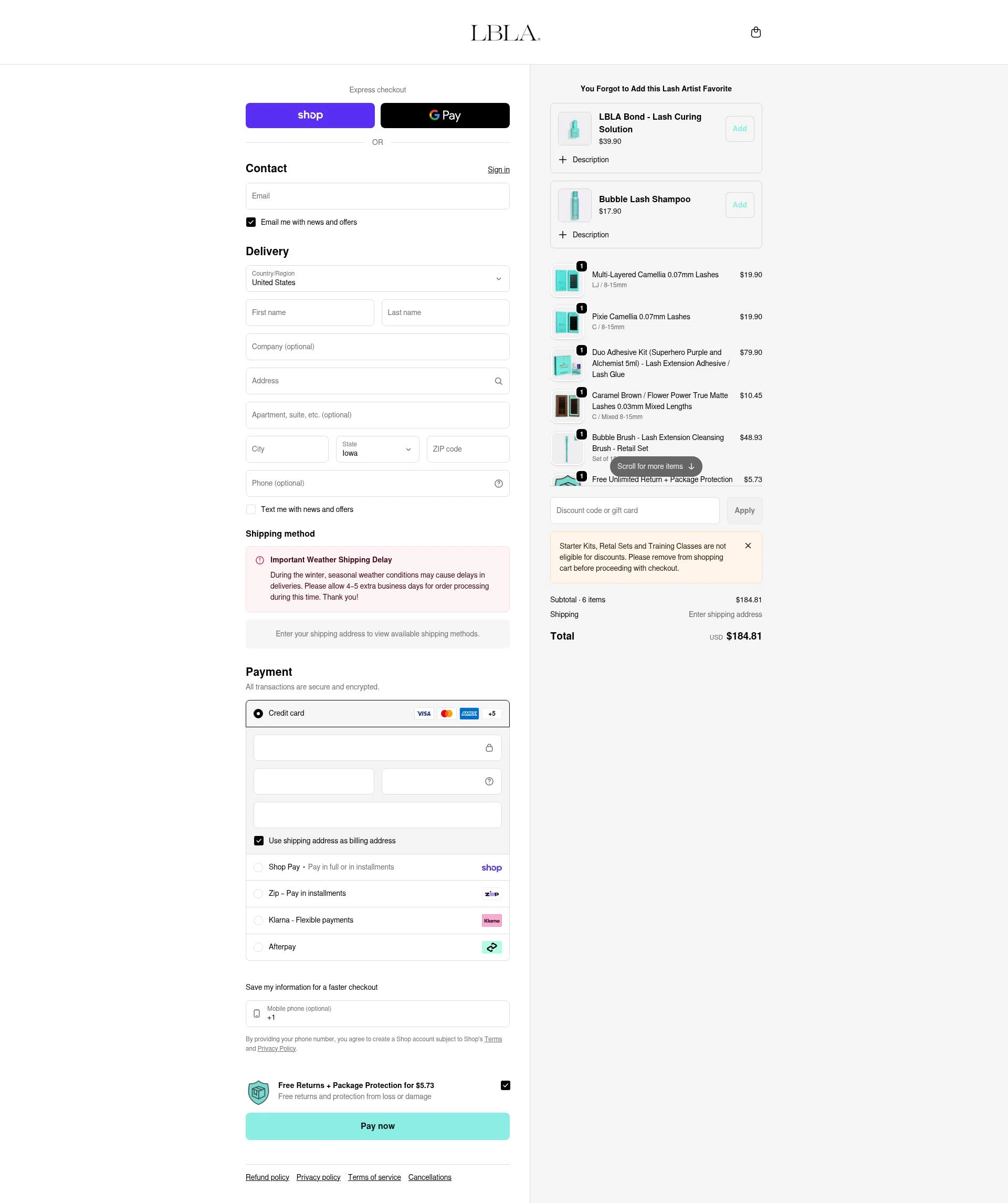 Lash Box LA checkout page showing Lash Box LA discount code box | Screenshot taken by SimplyCodes community member on Feb 6, 2026