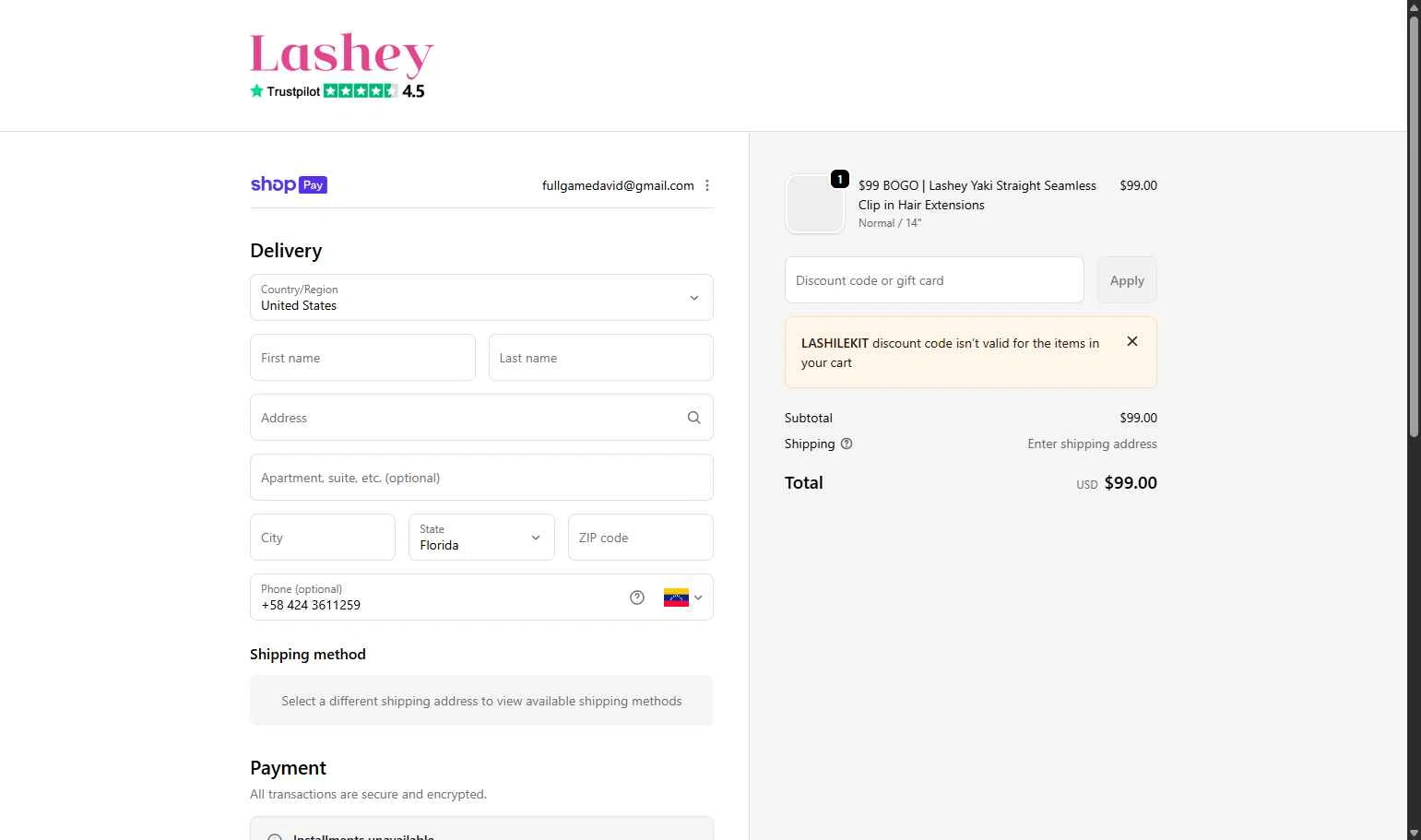 Lasheyhair checkout page showing Lasheyhair promo code box | Screenshot taken by SimplyCodes community member on Jan 10, 2026