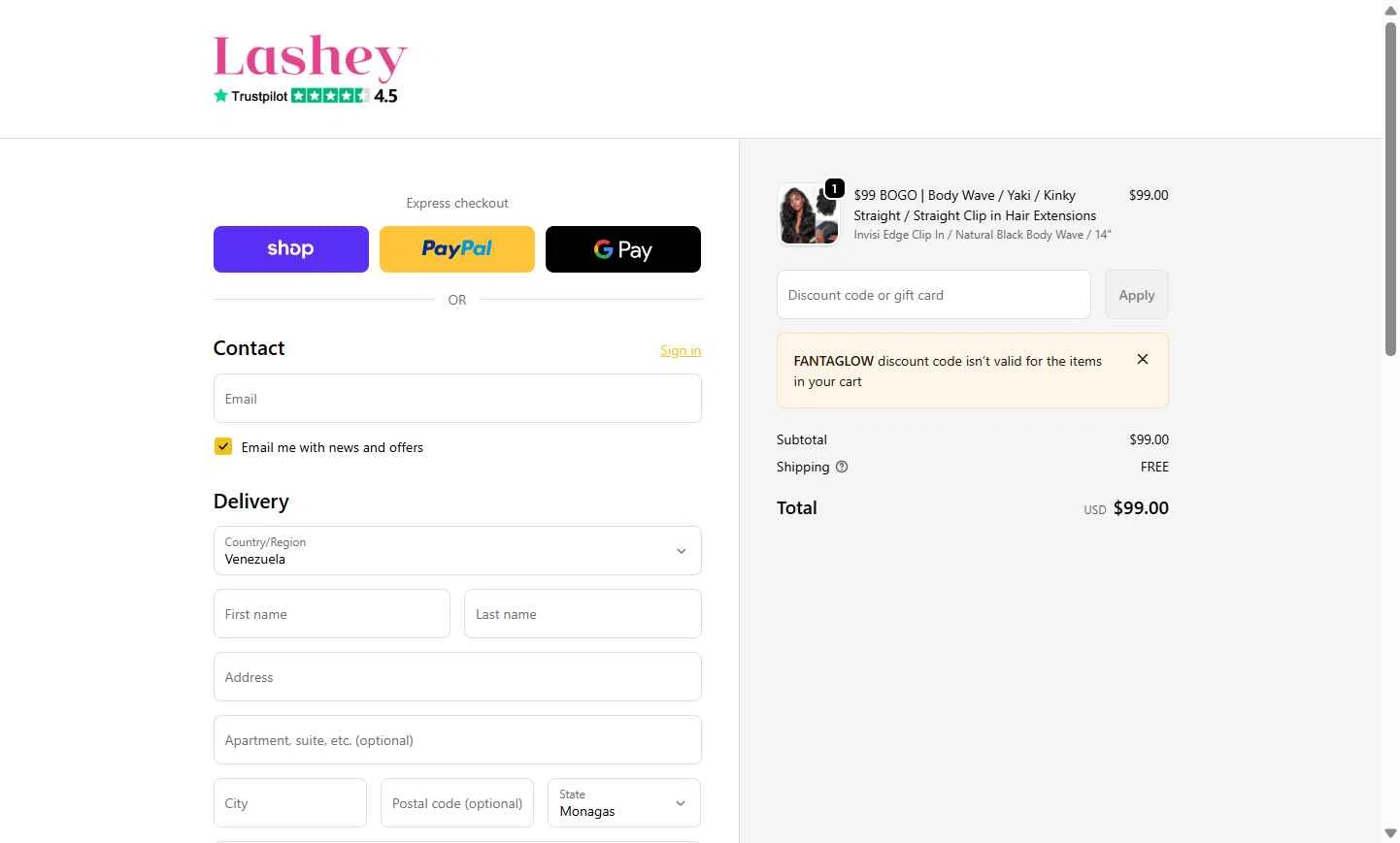 Lasheyhair checkout page showing Lasheyhair promo code box | Screenshot taken by SimplyCodes community member on Jan 8, 2026