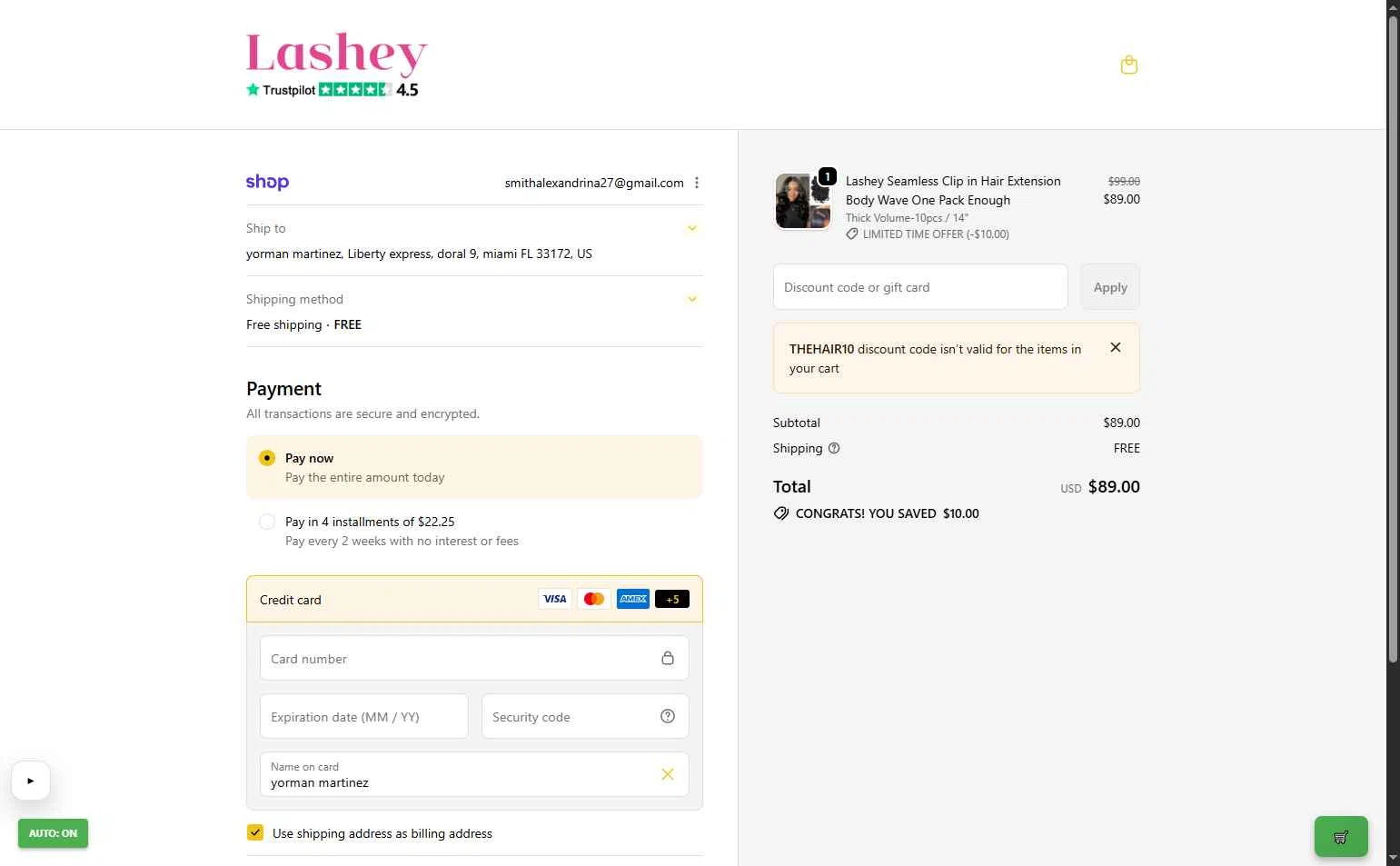 Lasheyhair checkout page showing Lasheyhair promo code box | Screenshot taken by SimplyCodes community member on Jan 10, 2026