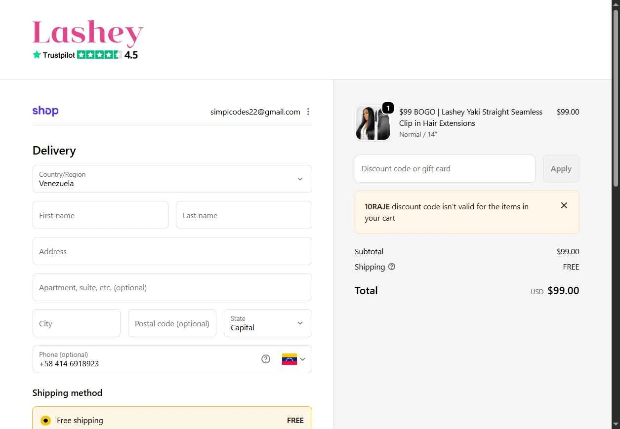 Lasheyhair checkout page showing Lasheyhair promo code box | Screenshot taken by SimplyCodes community member on Jan 11, 2026