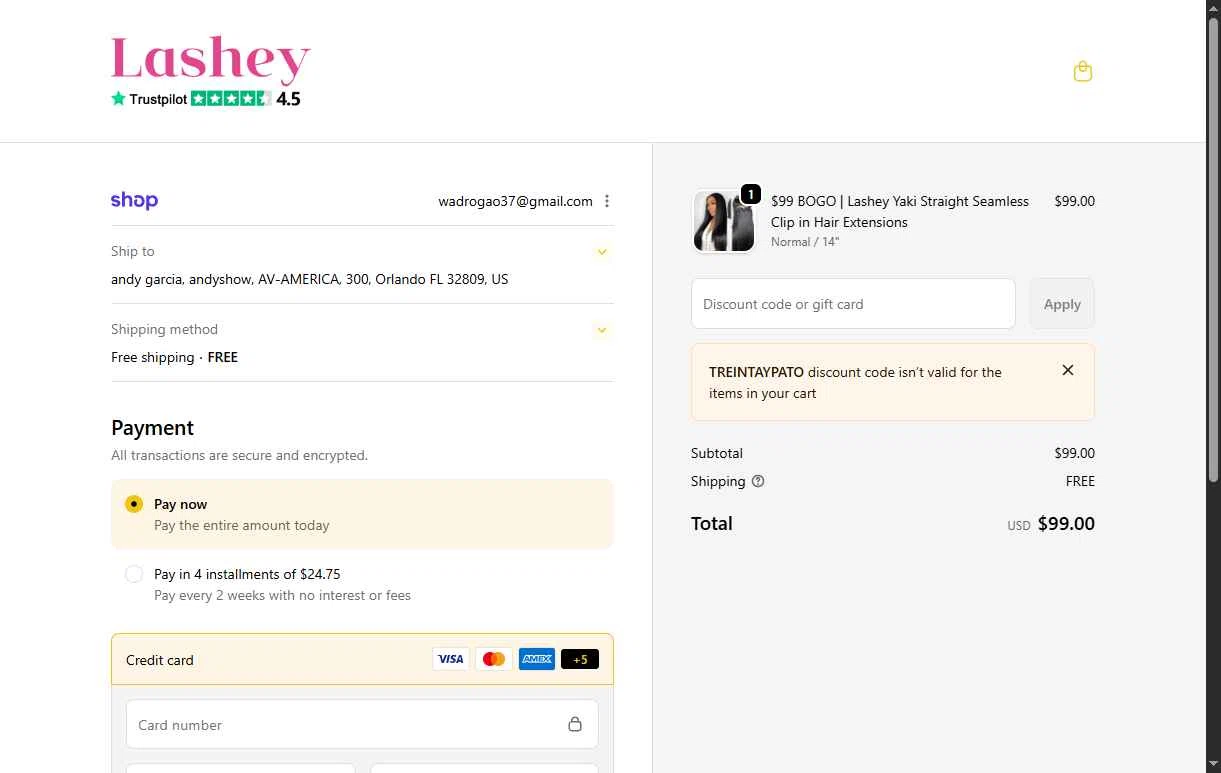 Lasheyhair checkout page showing Lasheyhair promo code box | Screenshot taken by SimplyCodes community member on Jan 8, 2026