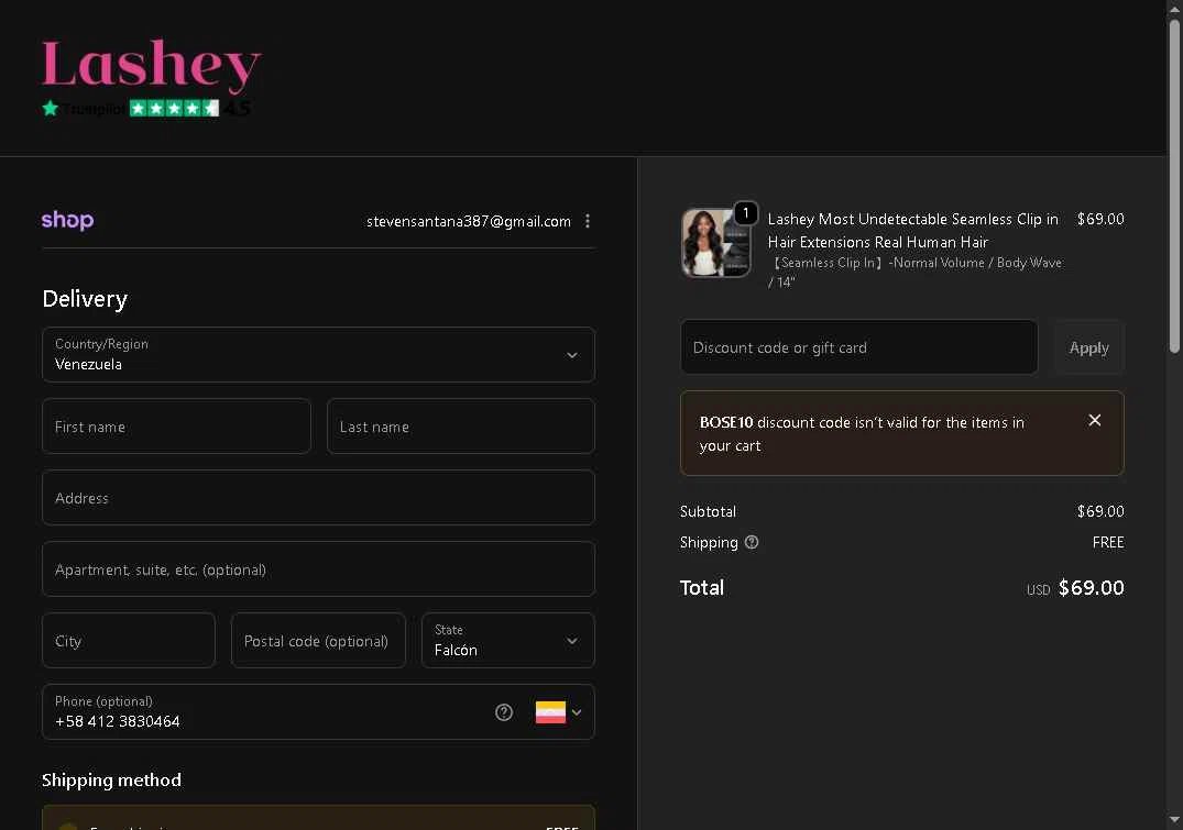 Lasheyhair checkout page showing Lasheyhair promo code box | Screenshot taken by SimplyCodes community member on Jan 8, 2026