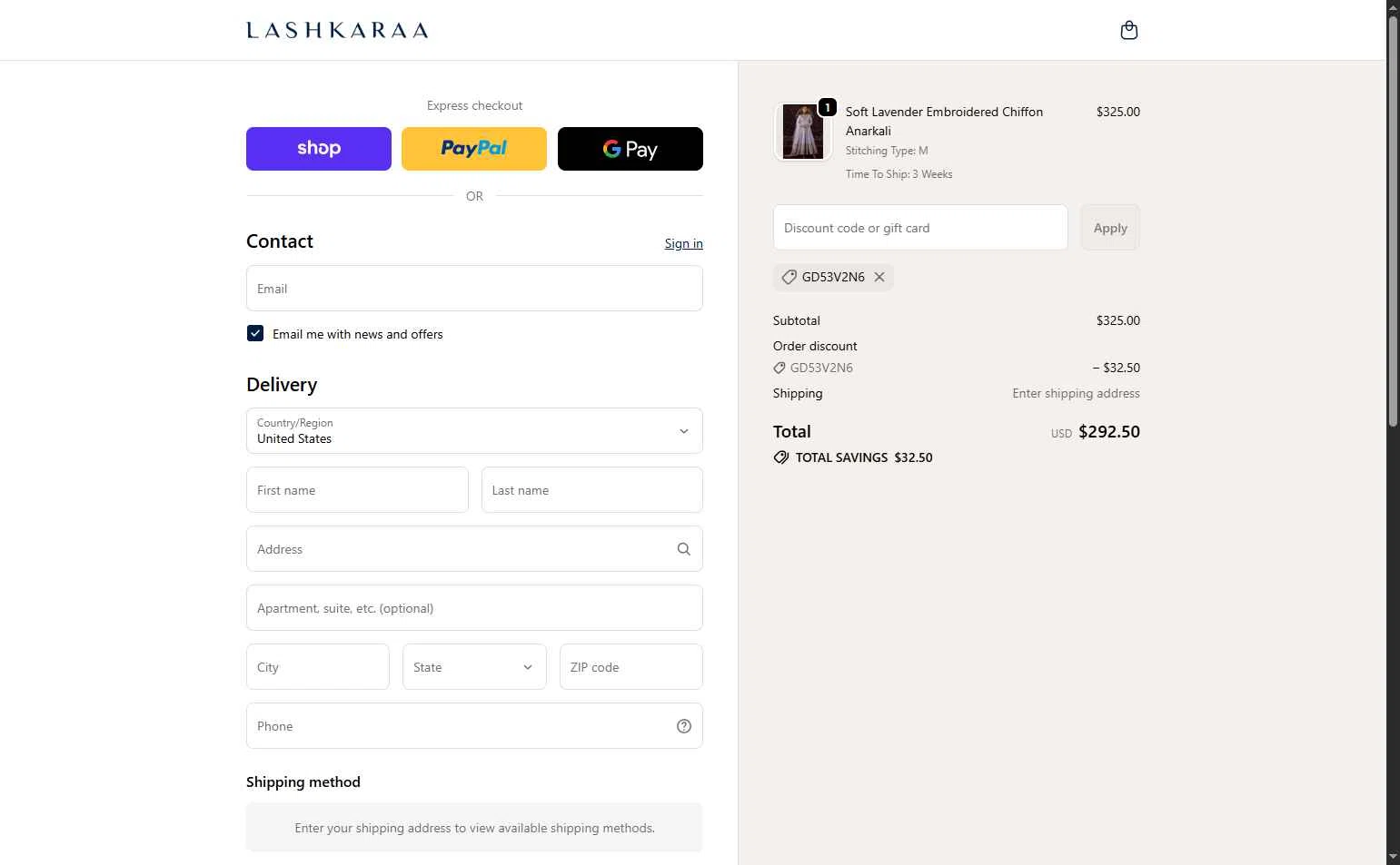 Lashkaraa checkout page showing Lashkaraa discount code box | Screenshot taken by SimplyCodes community member on Feb 18, 2026