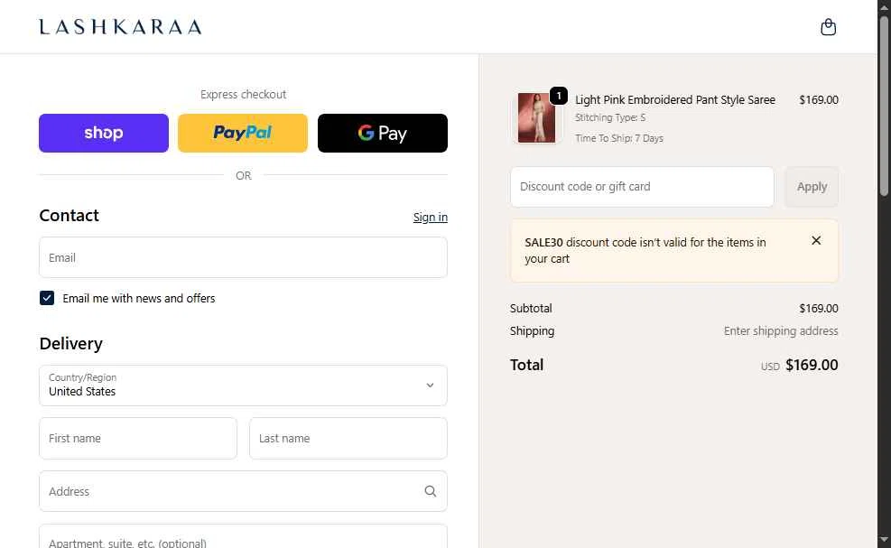 Lashkaraa checkout page showing Lashkaraa discount code box | Screenshot taken by SimplyCodes community member on Feb 12, 2026