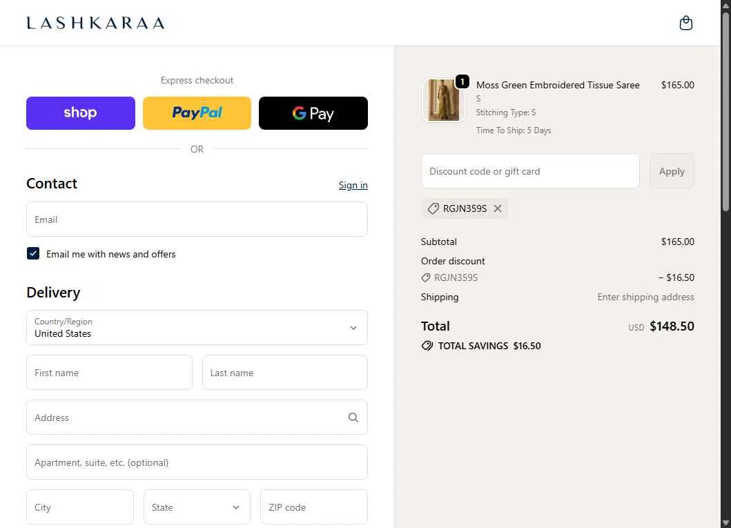 Lashkaraa checkout page showing Lashkaraa discount code box | Screenshot taken by SimplyCodes community member on Feb 12, 2026