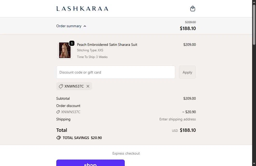 Lashkaraa checkout page showing Lashkaraa discount code box | Screenshot taken by SimplyCodes community member on Feb 18, 2026