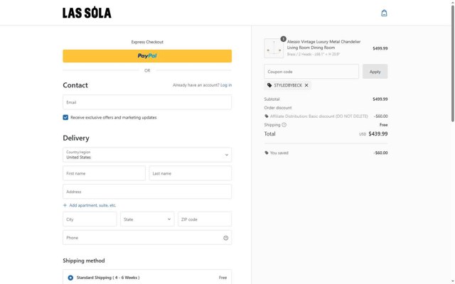 Las Sola checkout page showing Las Sola coupon code box | Screenshot taken by SimplyCodes community member on Aug 6, 2025