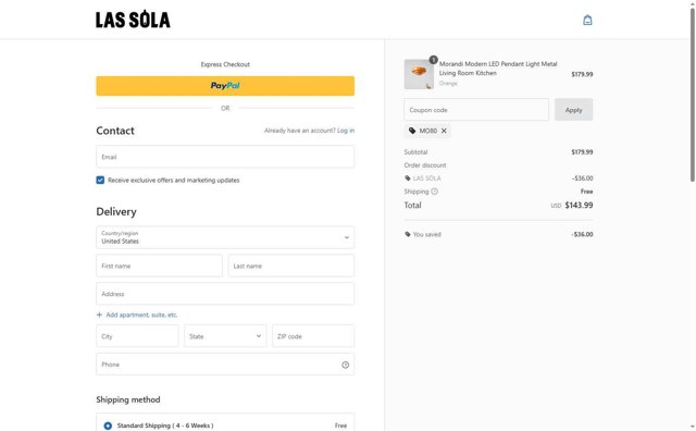 Las Sola checkout page showing Las Sola coupon code box | Screenshot taken by SimplyCodes community member on Aug 12, 2025